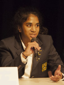 Anjali, addressing the student body at the Forum Assembly, April 2014.